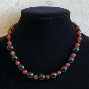 Reclaimed vintage black glass & carnelian necklace